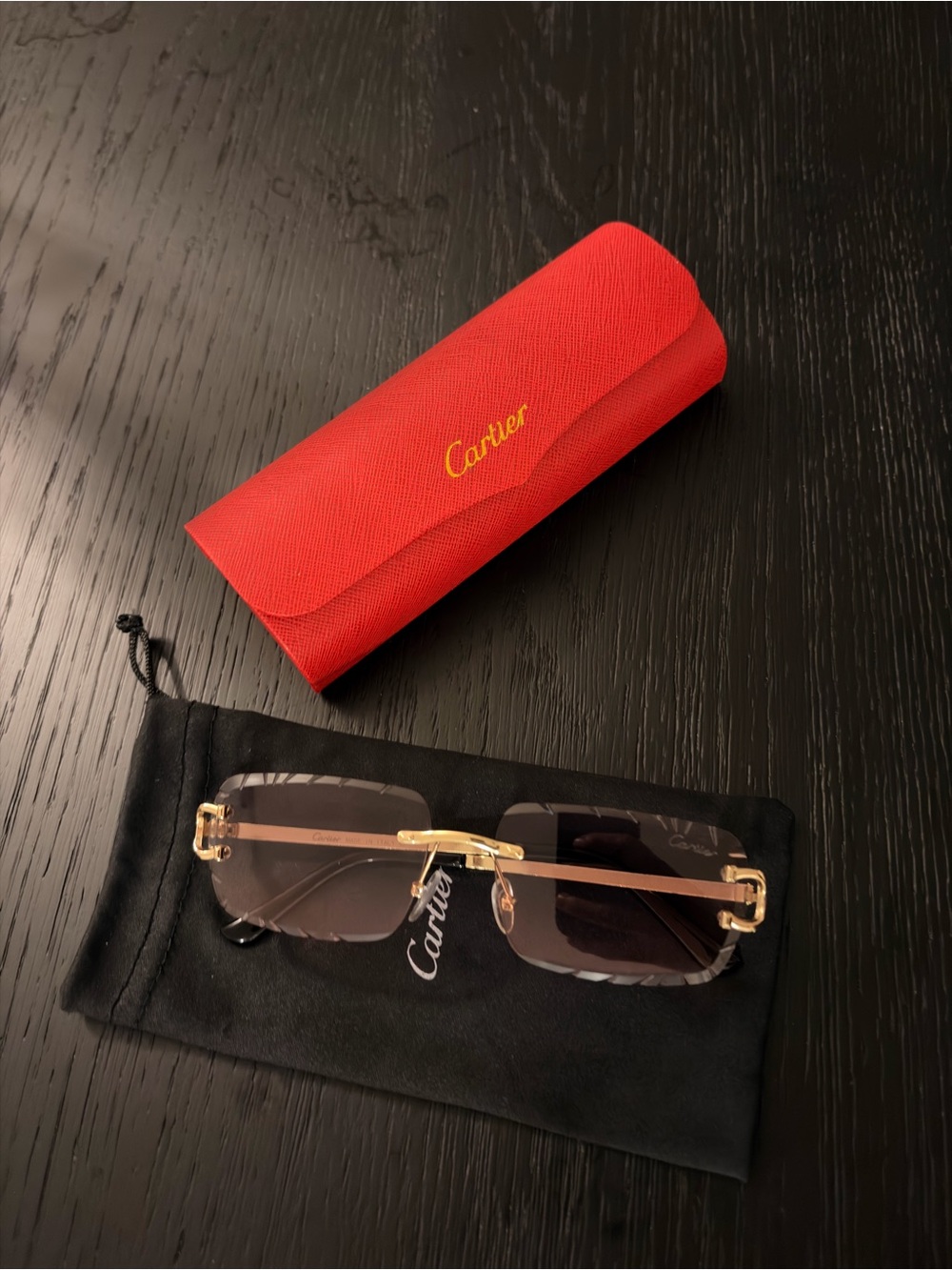 Cartier Men's Rimless Sunglasses — Gold Metal Accents, Brown Lenses, Red Case